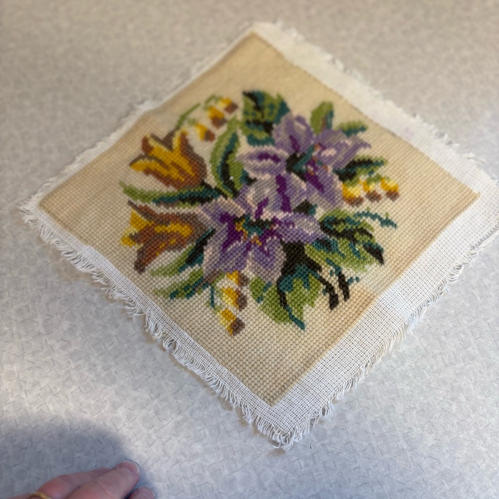 Handmade Floral Needlepoint Accent Pillow Cover in Purple and Yellow